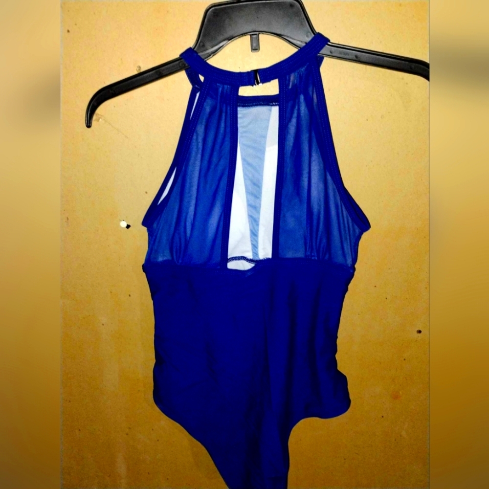 Women's Size Small, Unbranded Blue w white sheer deep V, one piece Swimsuit